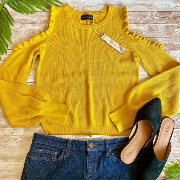 Mustard Seed Cold Shoulder Ruffle Sweater